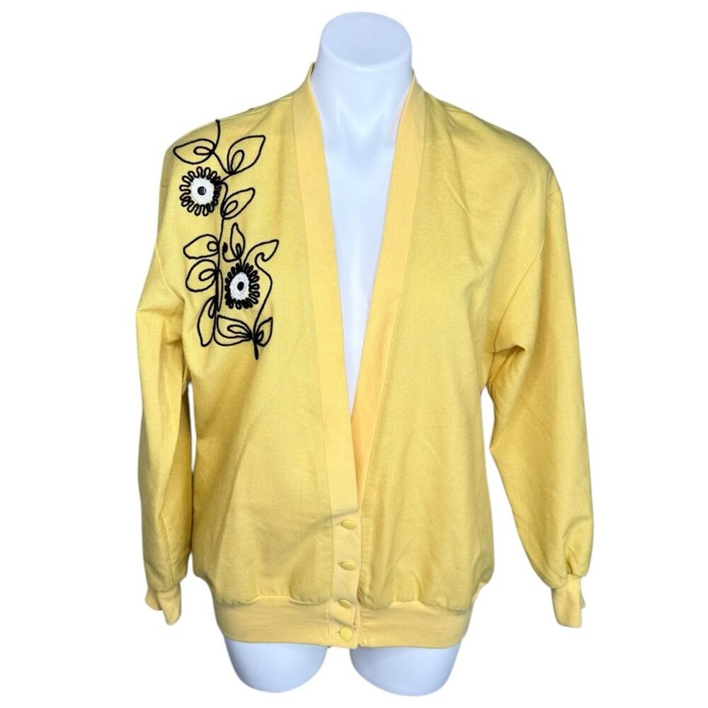 Vintage 70s Joyce Sportswear Yellow Linen Blend Cardigan Embroidered Floral L